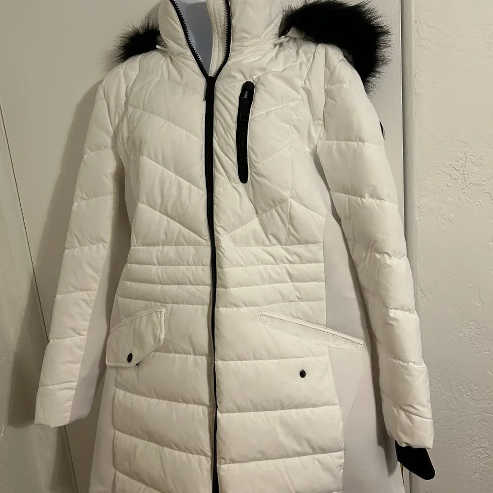 Michael Kors White Hooded Parka Puffer Jacket XL NWT Black faux fur hood